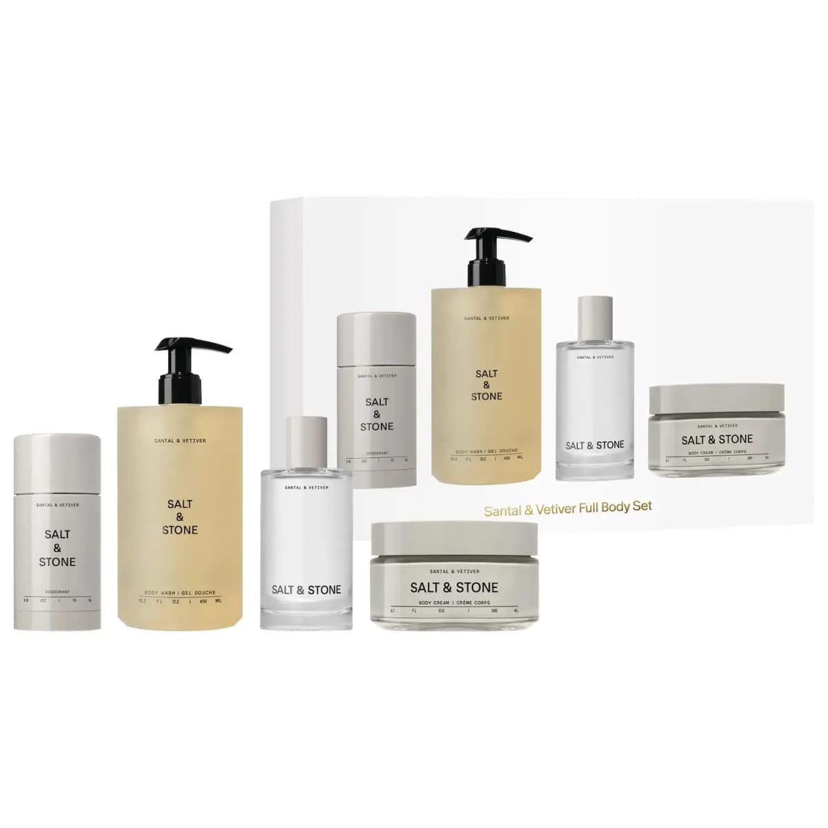 Salt & Stone Santal & Vetiver Holiday Body Essentials Gift Set: deodorant, body wash, mist and cream before a white box
