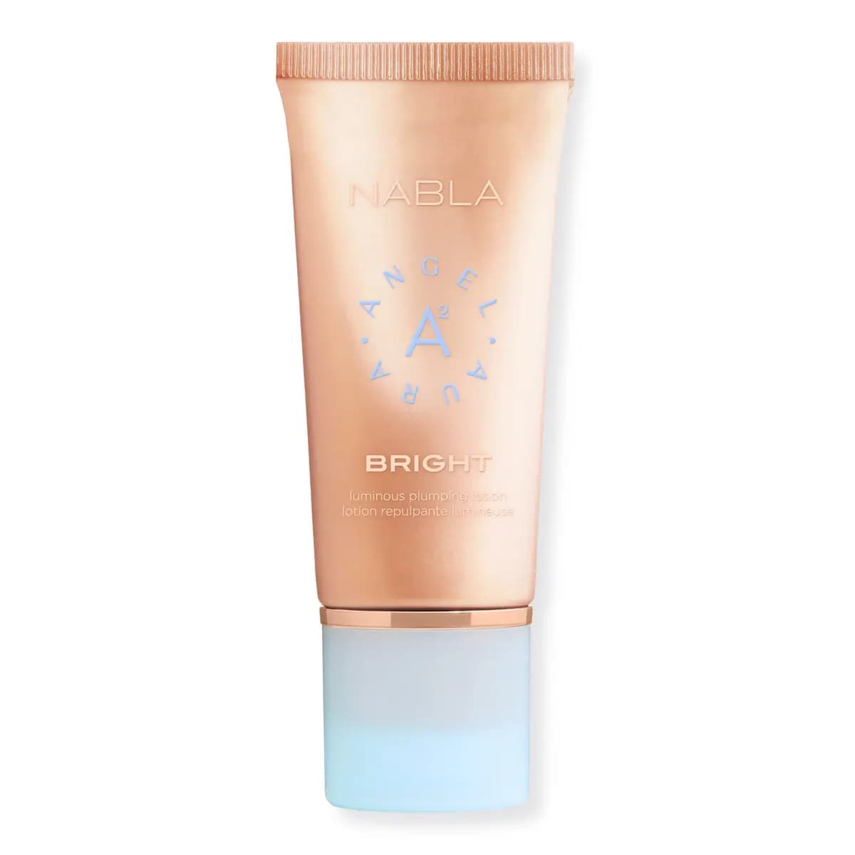 NABLA Angel Aura Bright luminous plumping lotion in a peachy-gold tube with a pale blue cap