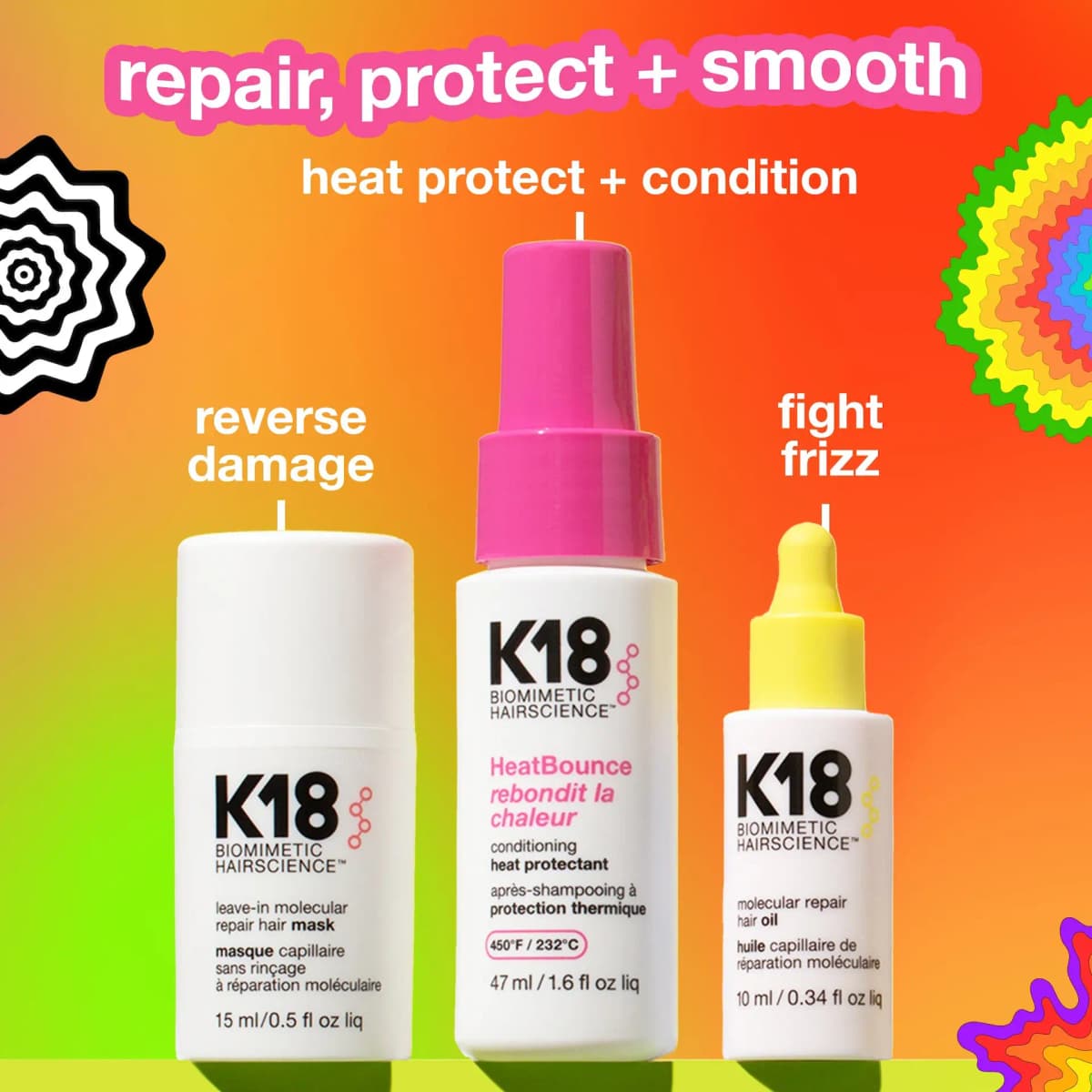Three K18 minis on an orange-green gradient labelled reverse damage, heat protect + condition and fight frizz