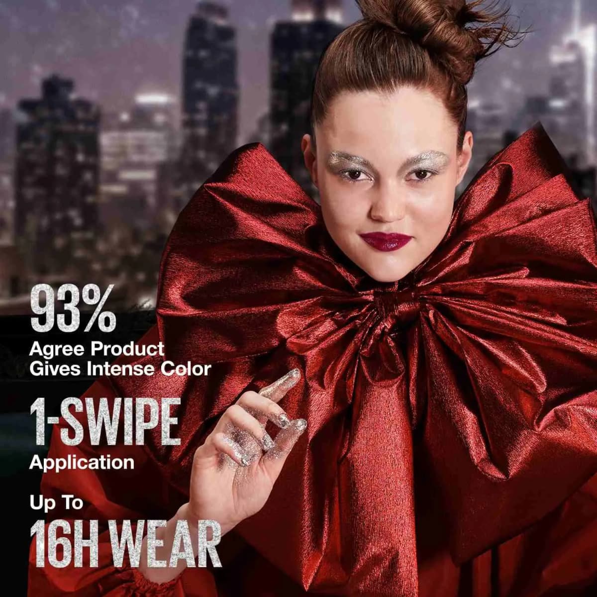 Model in a red metallic bow with glitter brows and berry lips; text claims 93% intense color, 1-swipe, 16H wear