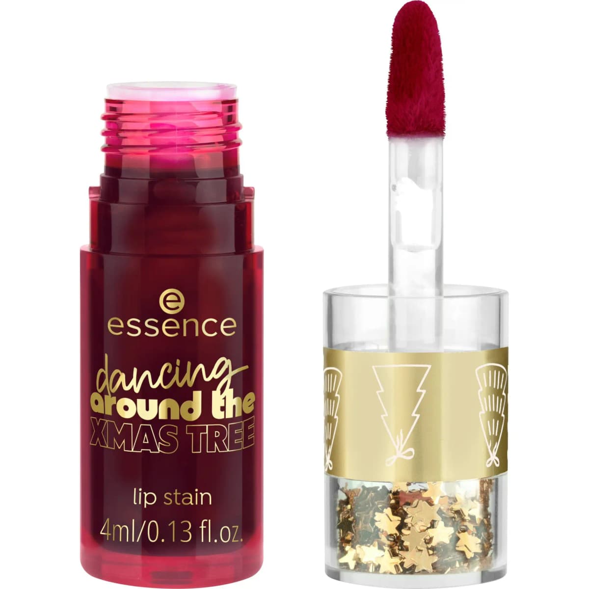 Deep red lip stain bottle with a red doe-foot applicator and a clear cap filled with gold star confetti