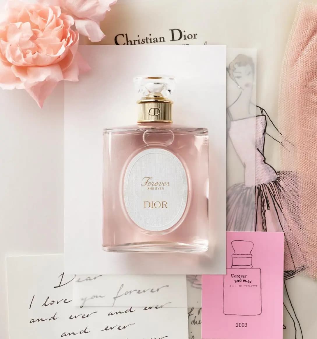Forever and Ever Dior pink fragrance bottle on Christian Dior stationery with a rose, tulle and 2002 sketch card.