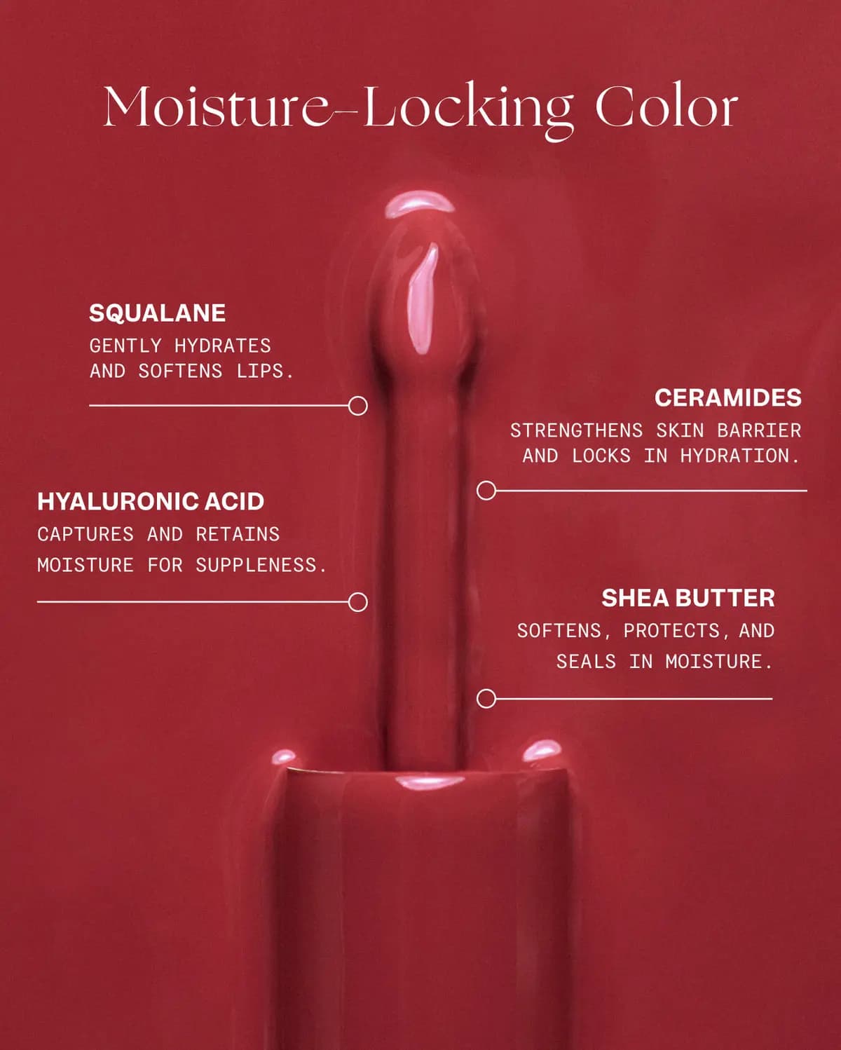 Red glossy applicator labelled Moisture-Locking Color with squalane, ceramides, hyaluronic acid and shea butter.