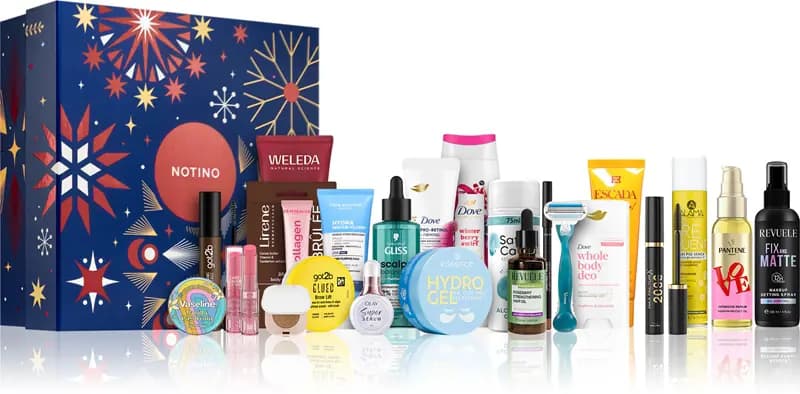 Navy starburst Notino calendar beside 24 beauty products including Weleda, Dove, Revuele, Pantene and Max Factor