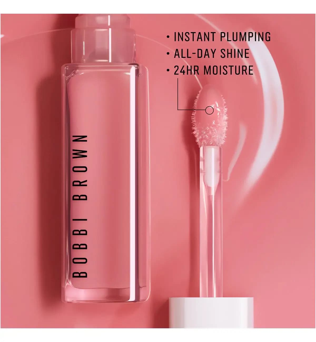 Pink Bobbi Brown lip gloss bottle and applicator with text: instant plumping, all-day shine, 24hr moisture