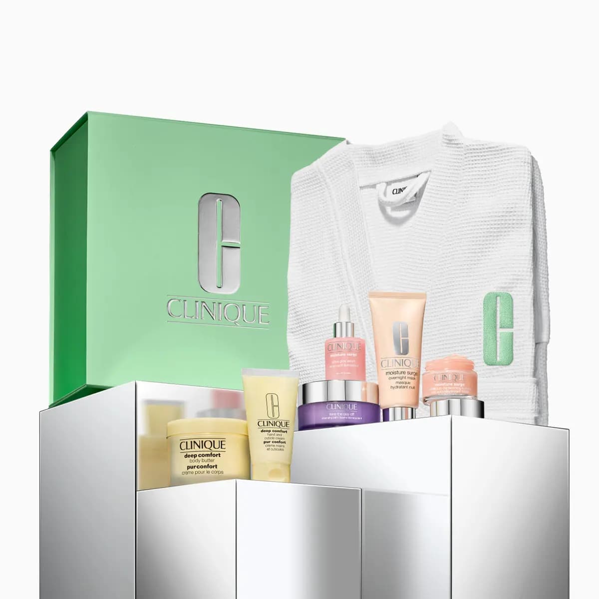 Green Clinique box and white waffle robe with Moisture Surge, Deep Comfort and Take The Day Off skincare