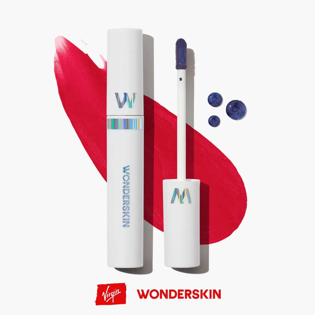Wonderskin Limited Edition Wonder Blading All-Day Lip Stain in Headliner, white tube, navy applicator, red swatch