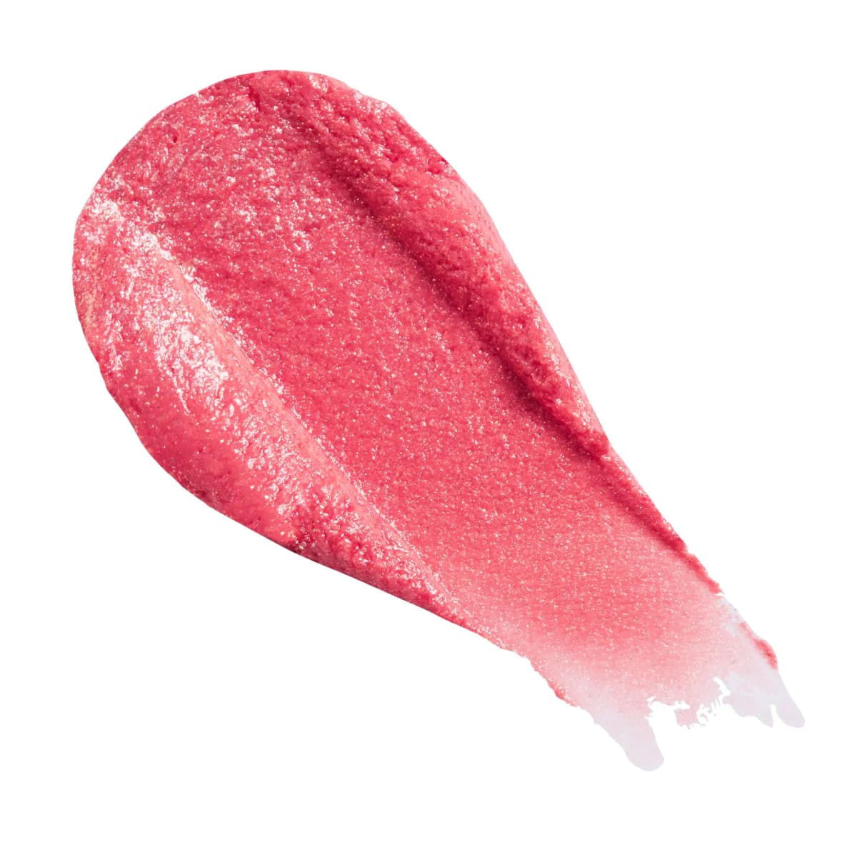 Textured rosy pink jelly swatch packed with sparkle, fading to a translucent edge