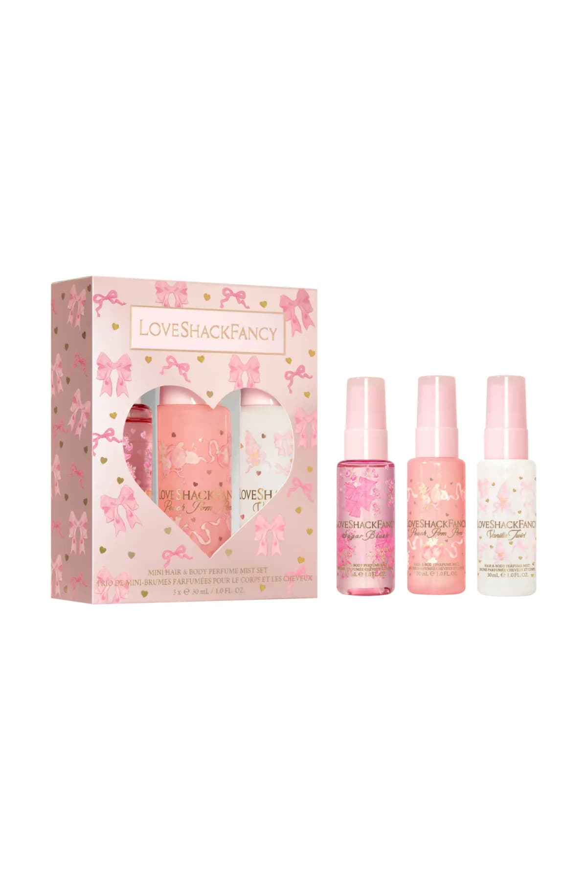 Mini hair and body mist set in a heart-window box with Sugar Blush, Peach Pom Pom and Vanilla Twirl 30mL sprays