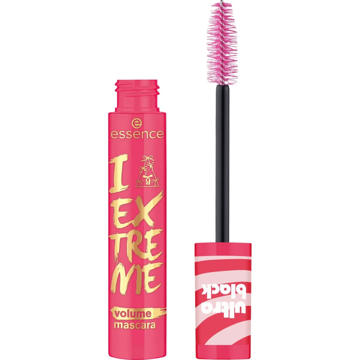 I EXTREME volume mascara in a pink tube with gold lettering, pink brush and red striped ultra black cap