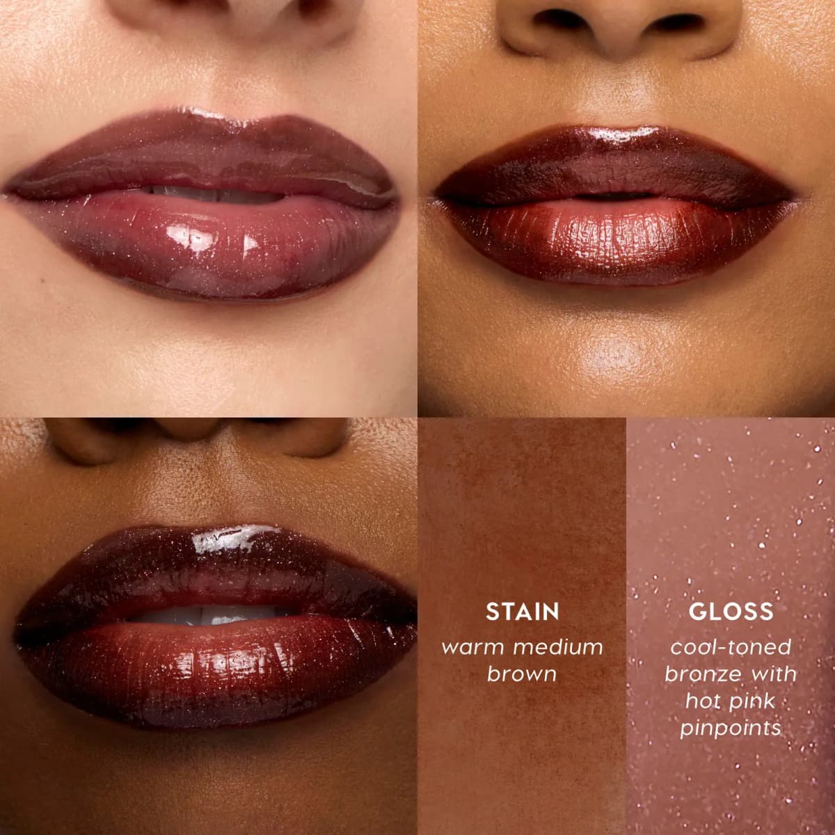 Warm medium brown stain under cool-toned bronze gloss with hot pink pinpoints, worn on three skin tones