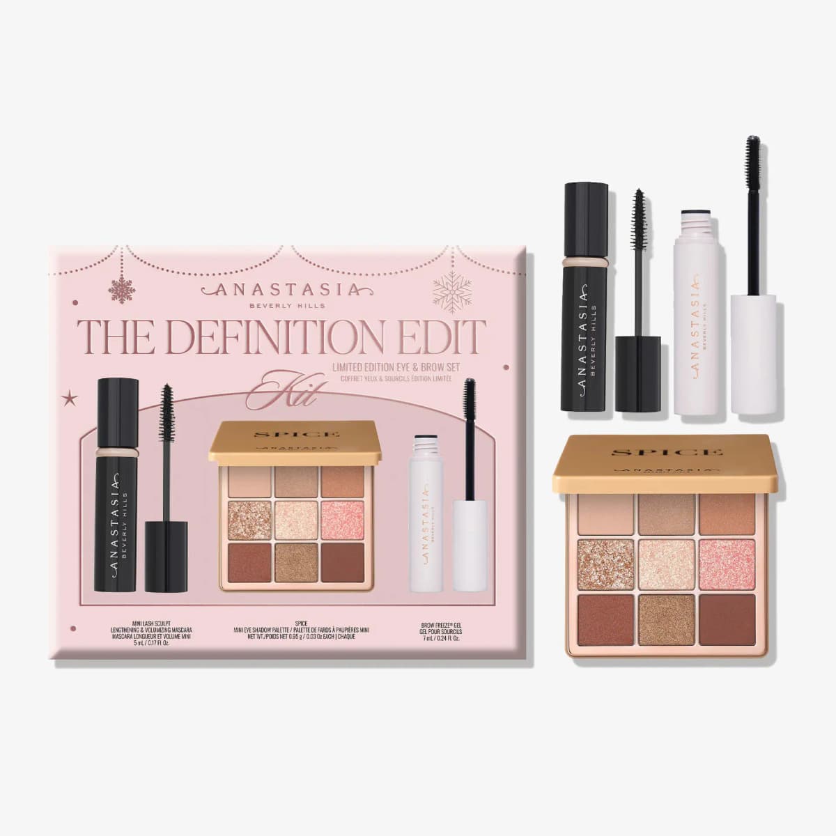 The Definition Edit kit box with mini mascara, Spice nine-pan eyeshadow palette and Brow Freeze Gel