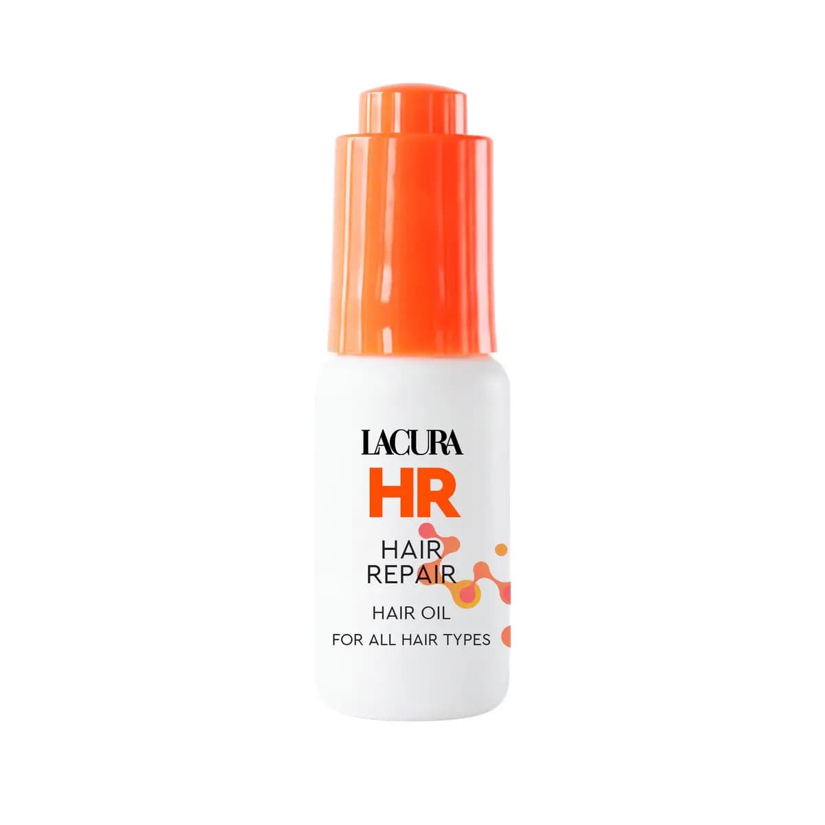 White dropper bottle of Lacura HR Hair Repair Hair Oil with a bright orange cap