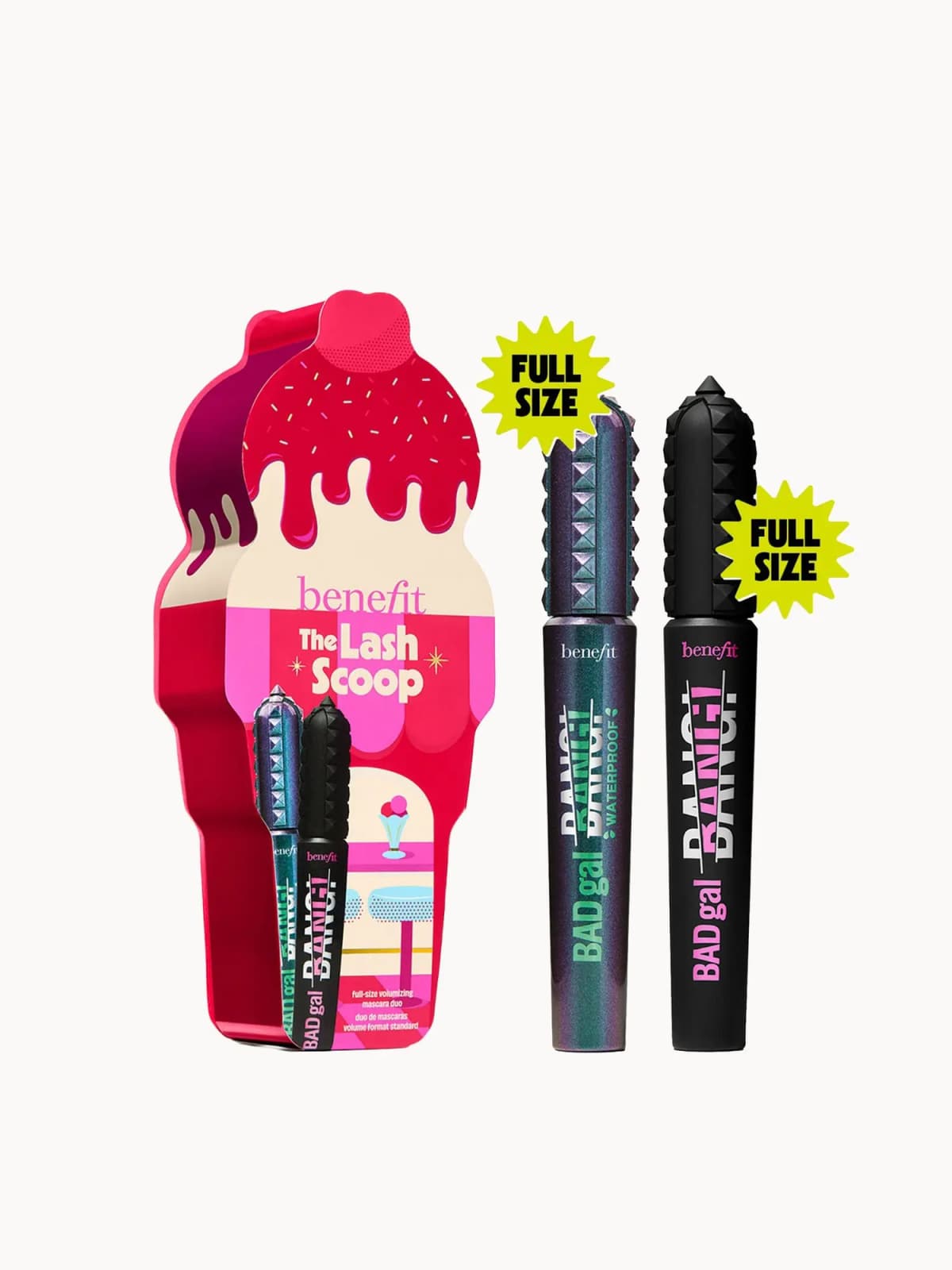 Benefit The Lash Scoop ice-cream cone box with full-size BADgal BANG! Waterproof and BADgal BANG! mascaras