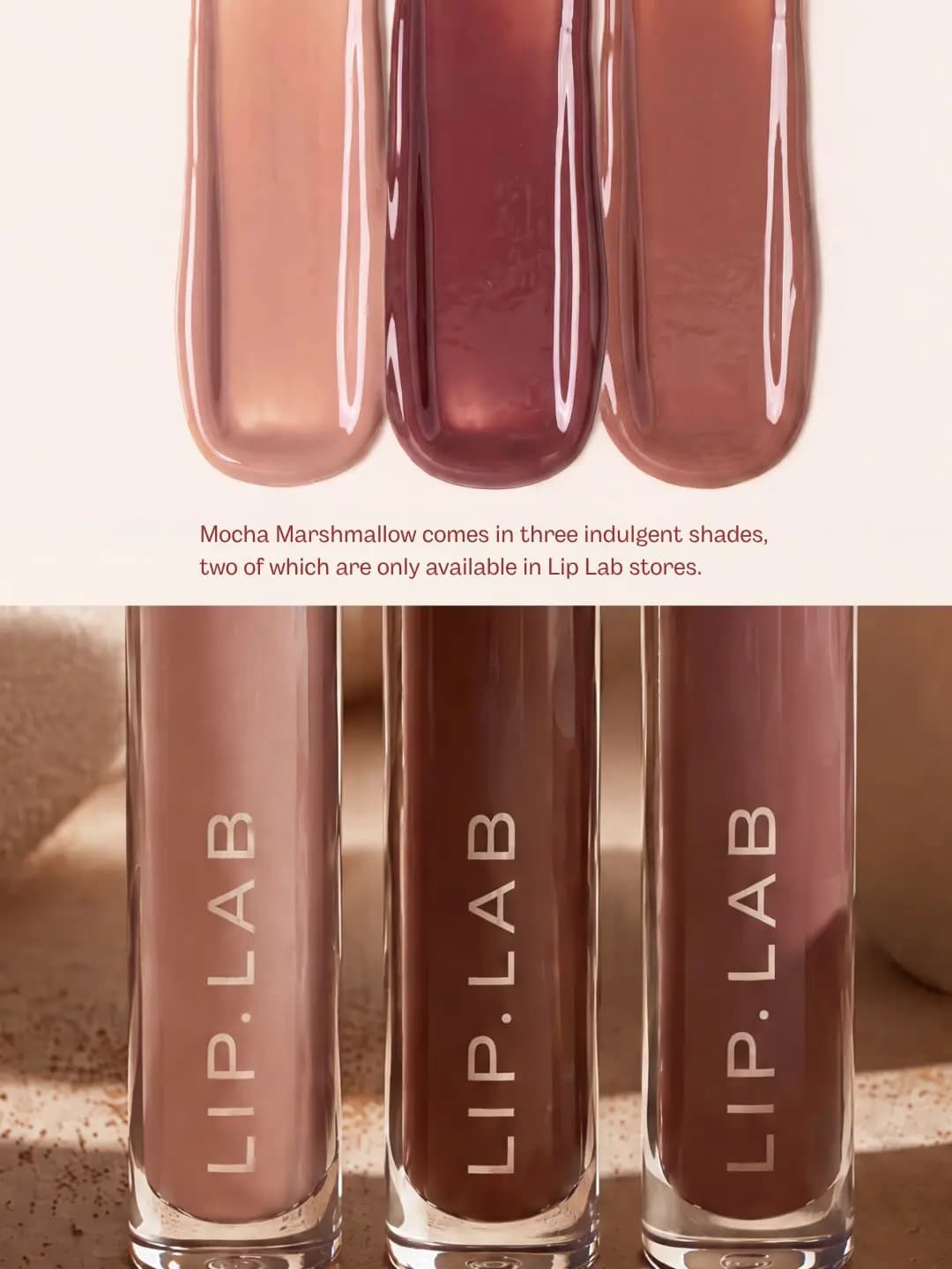 Three Mocha Marshmallow gloss swatches and tubes in sheer beige-pink, deep berry-brown and rosy mauve-brown