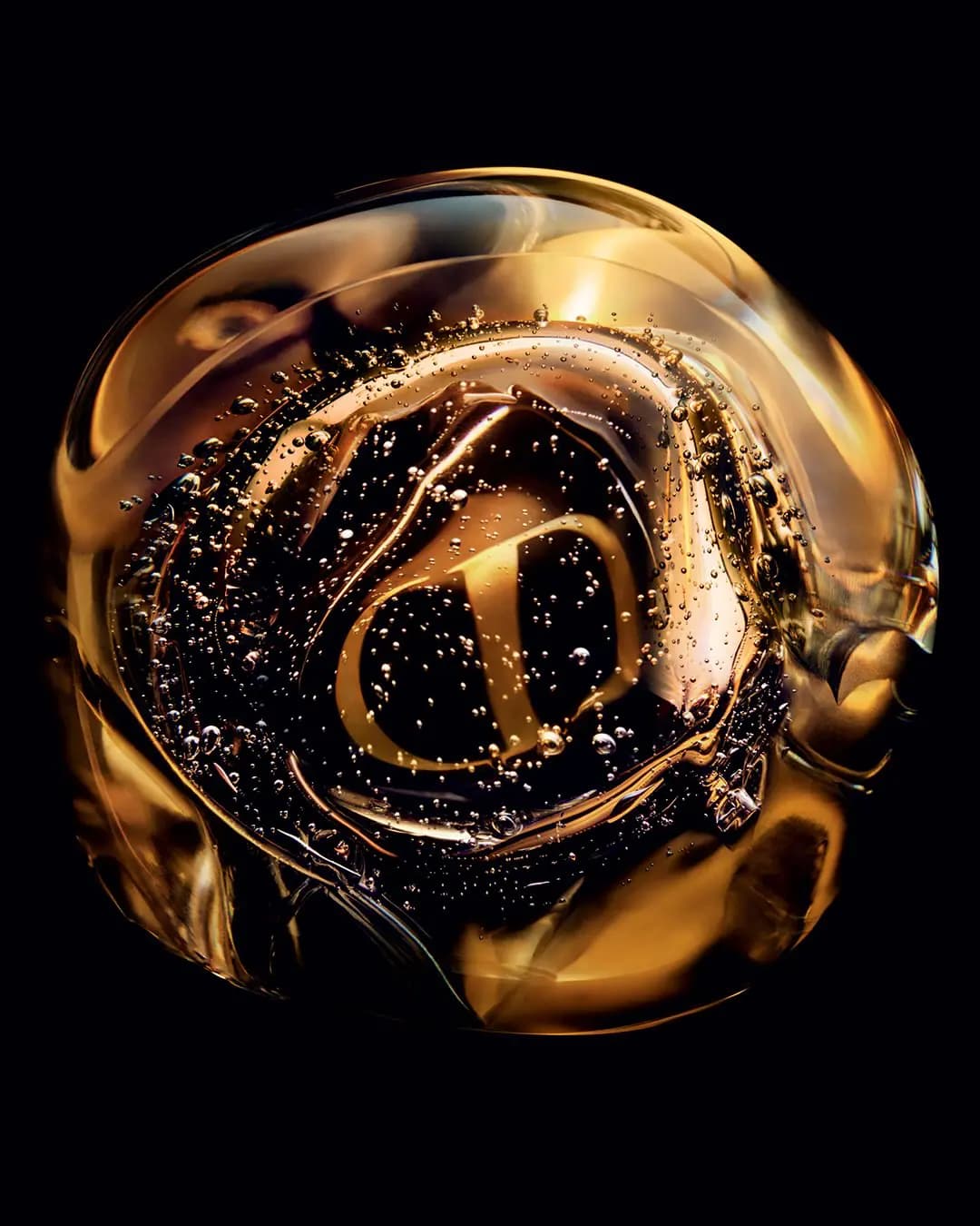 Swirl of amber golden serum with tiny bubbles around an embossed CD logo against a black background