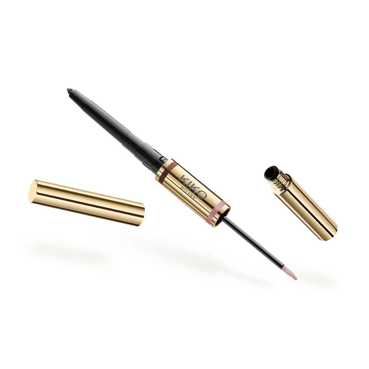 Gold dual-ended eye pencil with brown kohl tip and pink liquid liner brush, both caps off