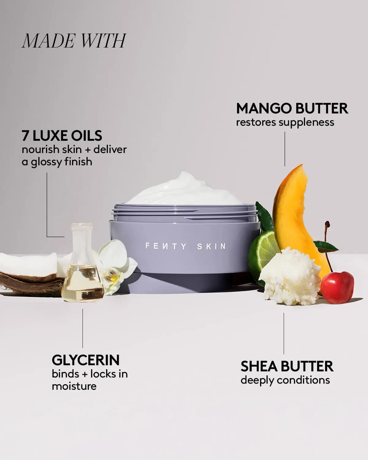 Lavender Fenty Skin jar surrounded by coconut, mango, shea butter and glycerin ingredient callouts