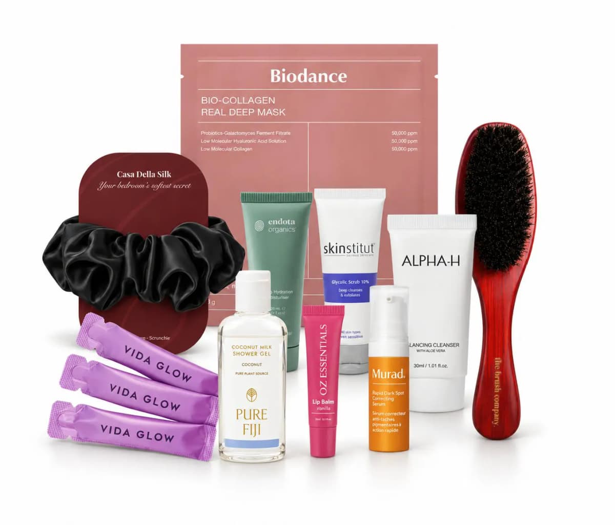 Skin and body picks: Biodance mask, Murad serum, Alpha-H cleanser, Vida Glow sachets, silk scrunchie and brush