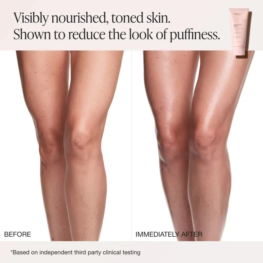 Before and immediately after view of bare legs, the after side looking glossier and more hydrated