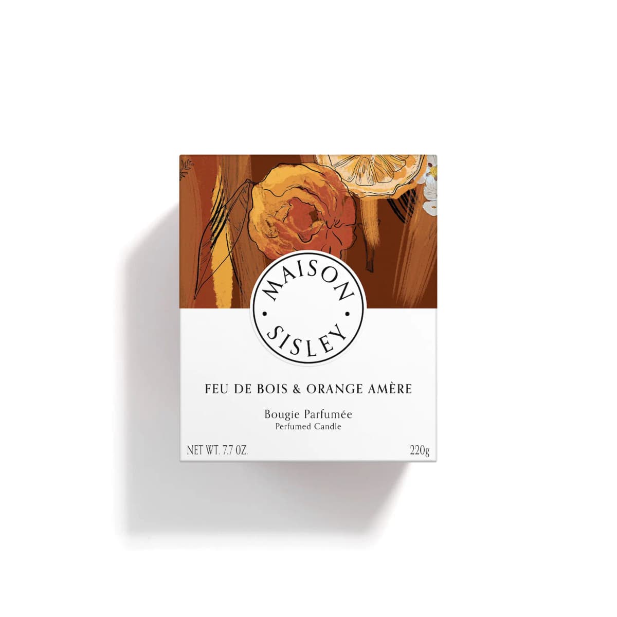 Maison Sisley Feu de Bois & Orange Amère 220 g candle box with brown illustrated rose and orange slice artwork
