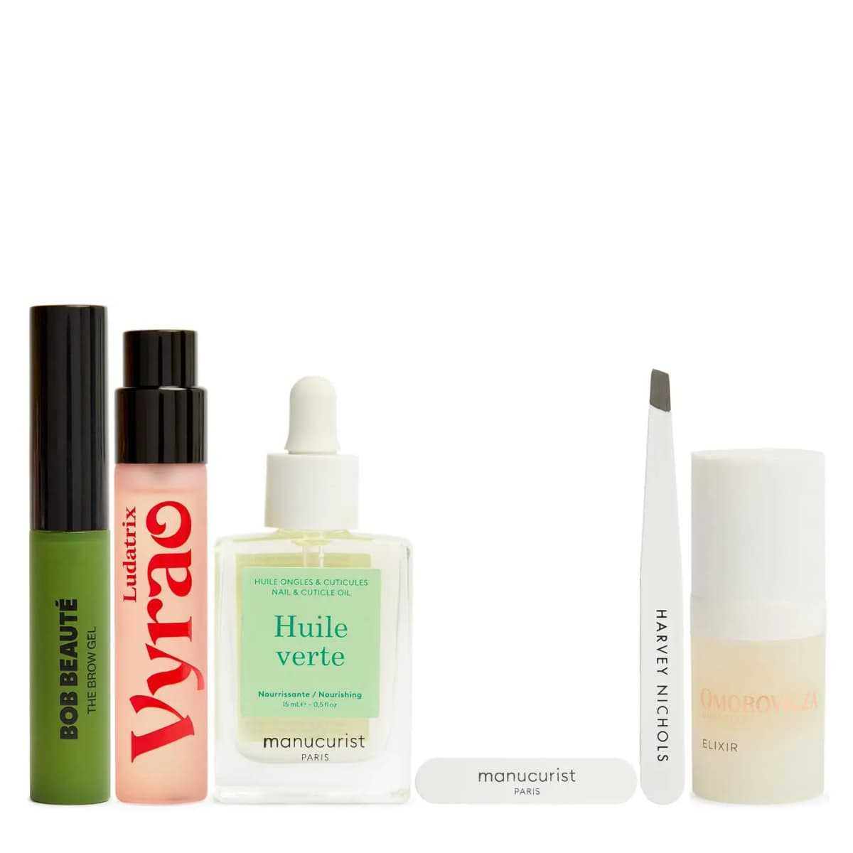 Bob Beauté brow gel, Vyrao Ludatix, Manucurist Huile verte and file, Harvey Nichols tweezers and Omorovicza Elixir