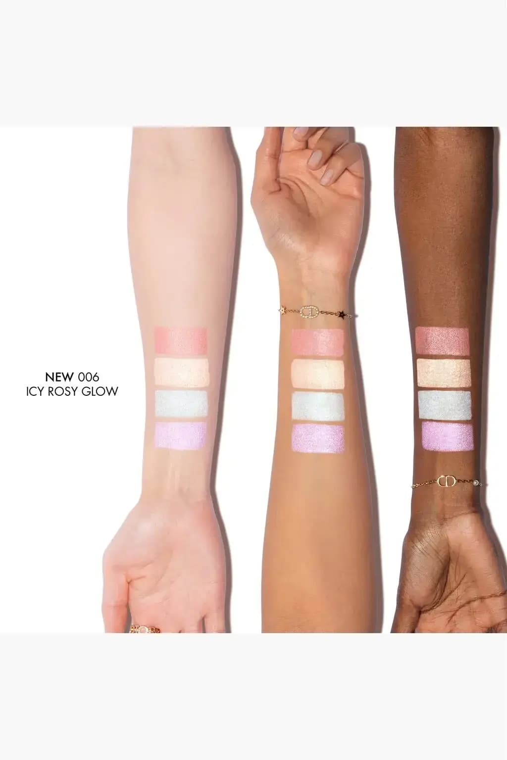 Arm swatches of 006 Icy Rosy Glow in pink, champagne, icy mint and lilac on fair, medium and deep skin tones
