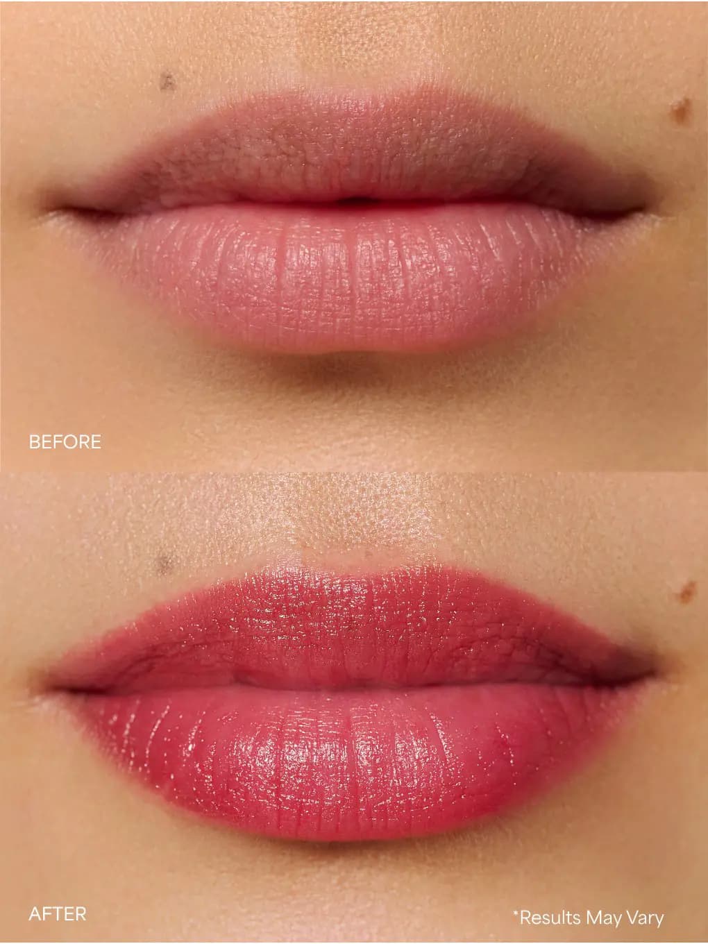 Before-and-after close-up of lips, bare pink on top and glossy rosy red tint after applying the balm