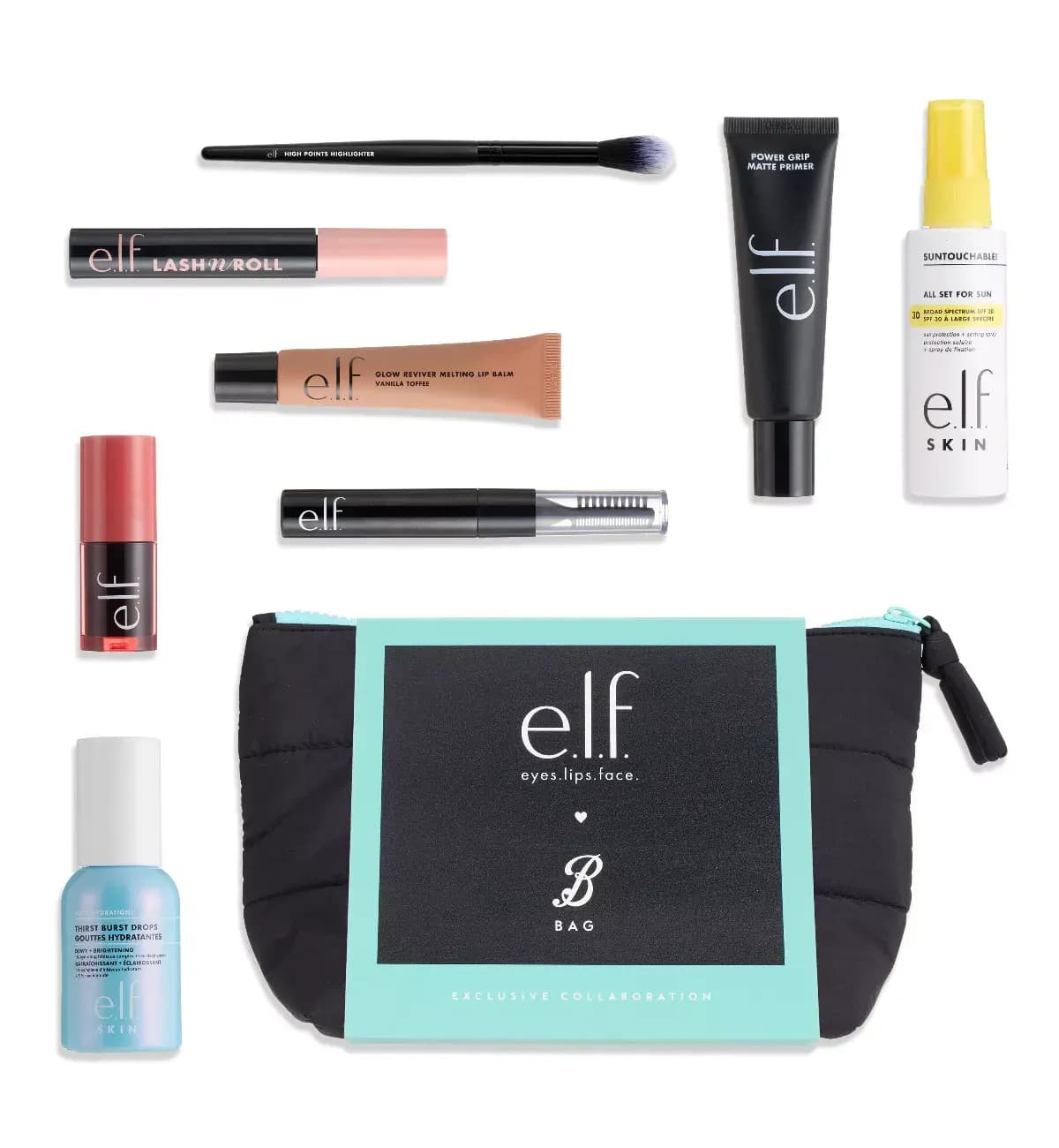 Overhead layout of the set's products above the black puffer bag, including Thirst Burst Drops and High Points brush