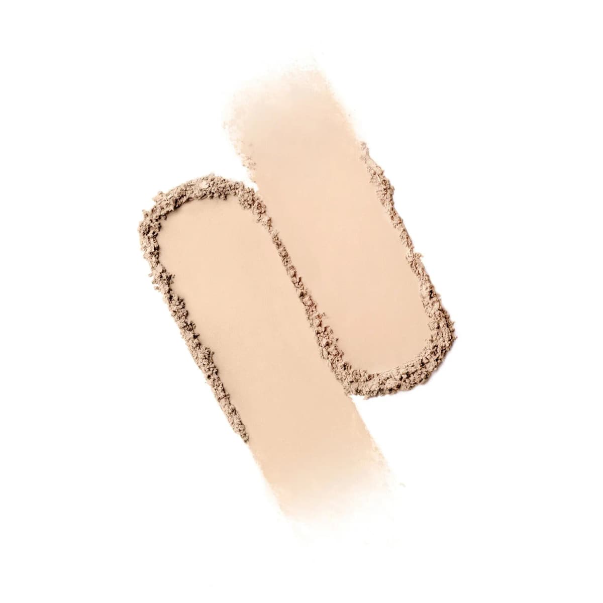Two light beige powder swatches with crumbled edges showing a smooth matte texture on white