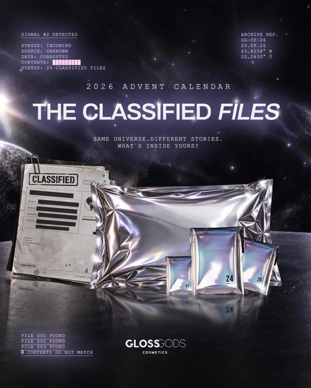 GlossGods The Classified Files 2026 Advent Calendar promo with silver foil pouches and a Classified dossier on a lunar scene
