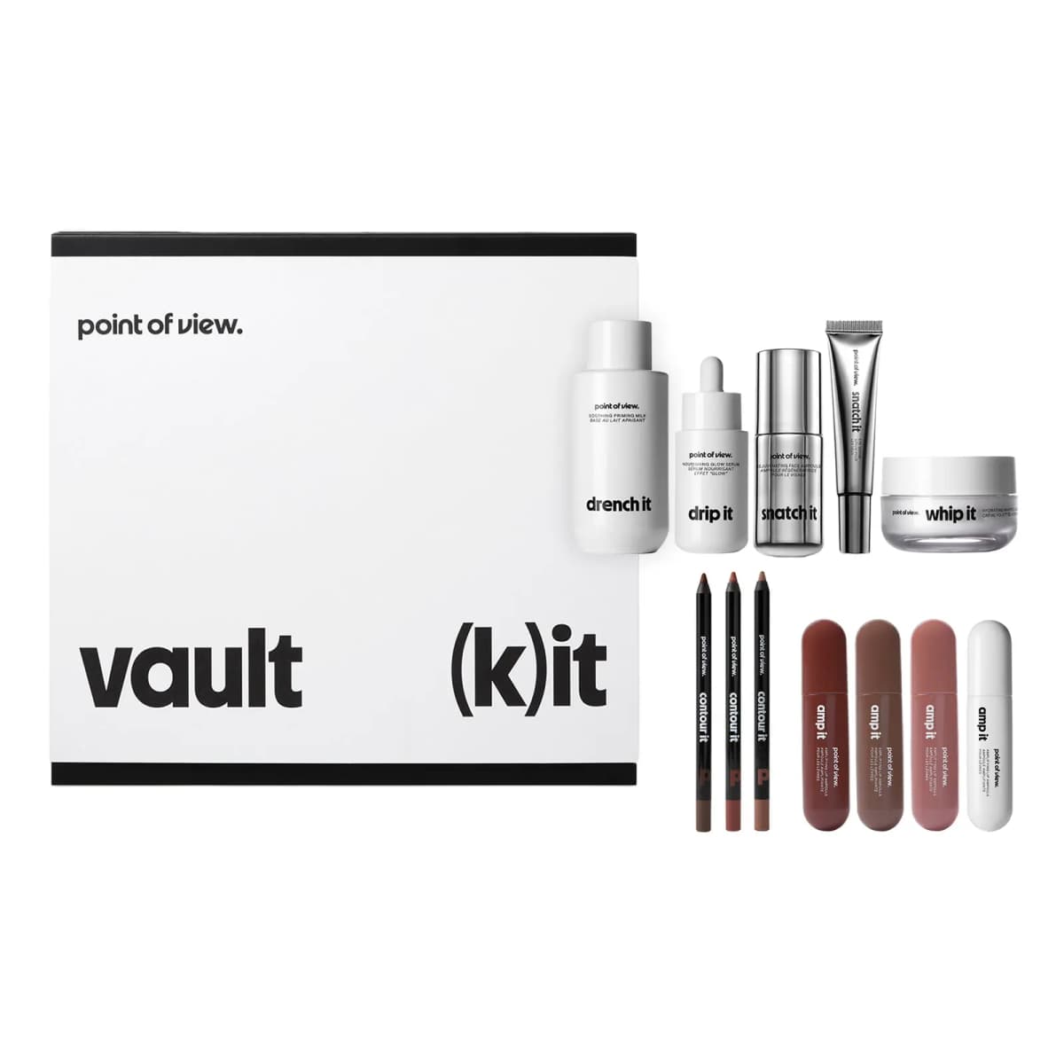 Point of view. vault (k)it gift set: white box with skincare bottles, silver tubes, three lip liners and four amp it glosses