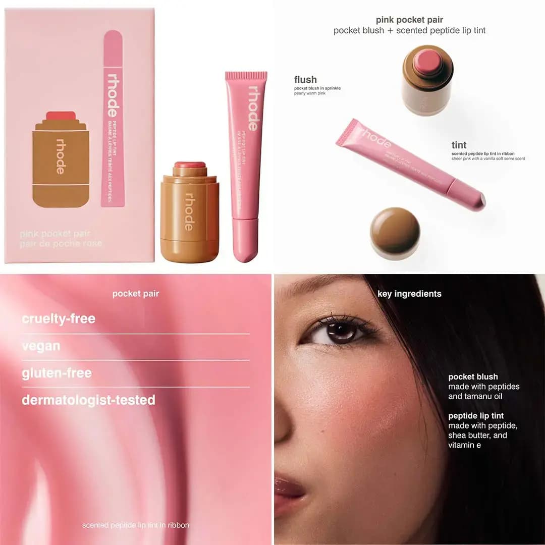 Pink pocket pair box with tan Pocket Blush in Sprinkle and pink Peptide Lip Tint in Ribbon, plus model with rosy cheek