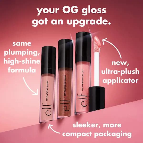 e.l.f. Lip Plumping Gloss promo showing the new ultra-plush applicator and sleeker packaging