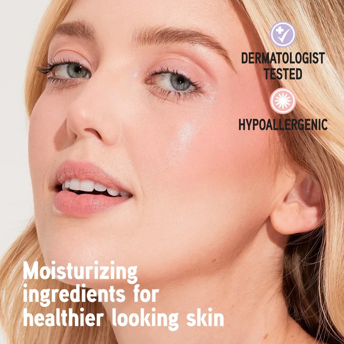 Fair-skinned blonde model with soft pink flushed cheeks, dermatologist and hypoallergenic icons on right