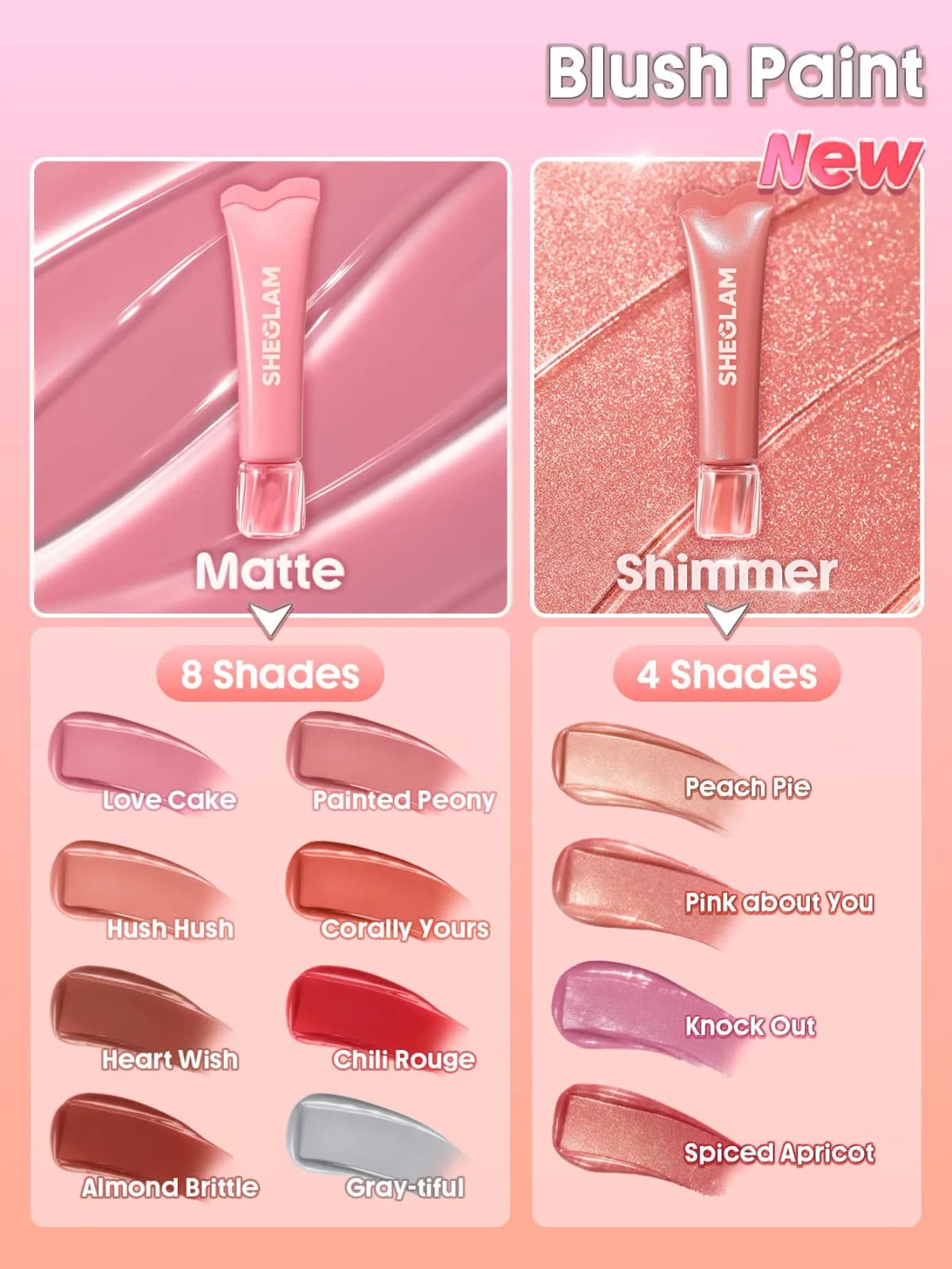 Blush Paint chart comparing 8 matte shades and 4 new shimmer shades, each with a labelled swatch