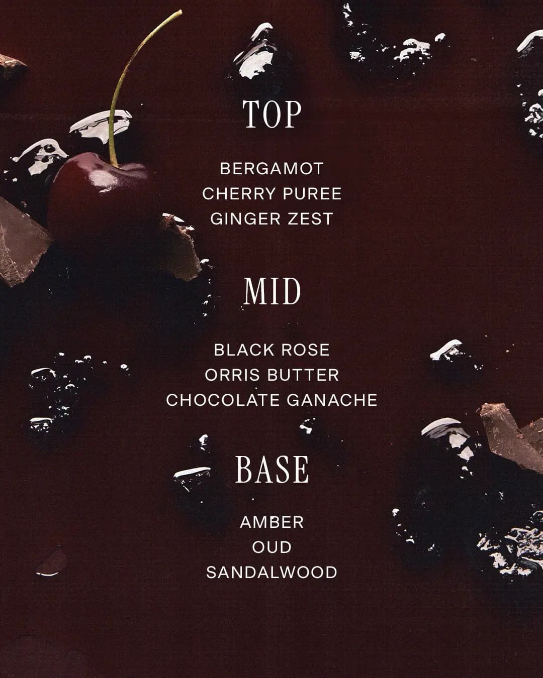 Fated Flame notes list in white text over dark red backdrop: top, mid and base notes beside a cherry and chocolate