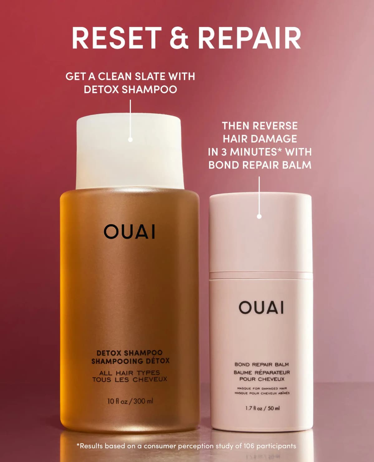 Amber Detox Shampoo bottle beside pale pink Bond Repair Balm on red backdrop with Reset & Repair captions