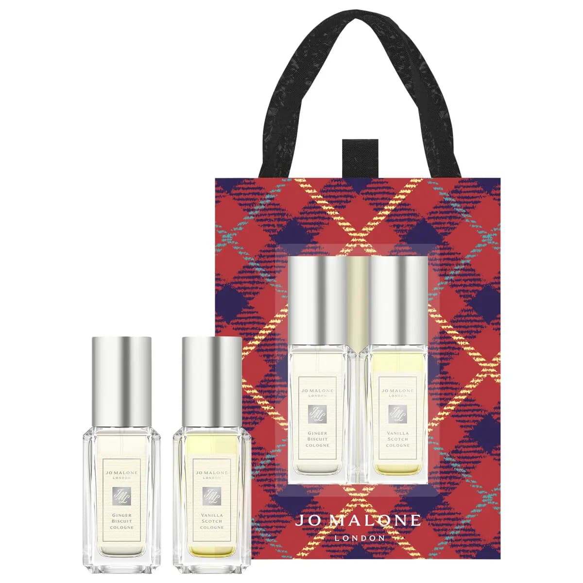 Jo Malone London Ginger Biscuit and Vanilla Scotch mini colognes beside a red, navy and gold tartan gift bag