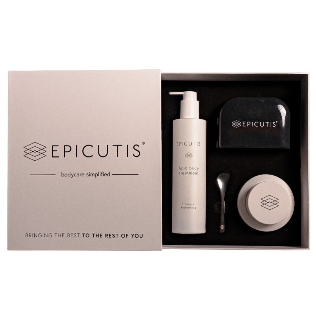 Epicutis Bodycare Simplified Set box opened to show Lipid Body Treatment pump, black brush case, spatula and white jar