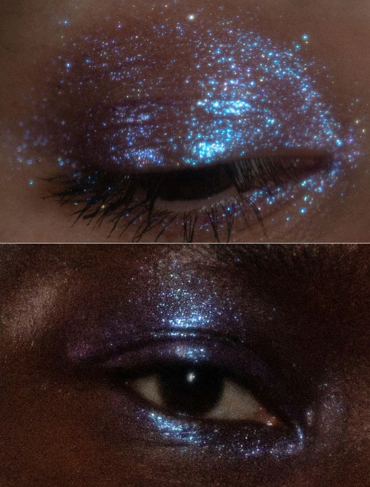 Blue-violet glitter scattered over a closed lid above; dense violet sparkle on the lid and lash line of deep skin below
