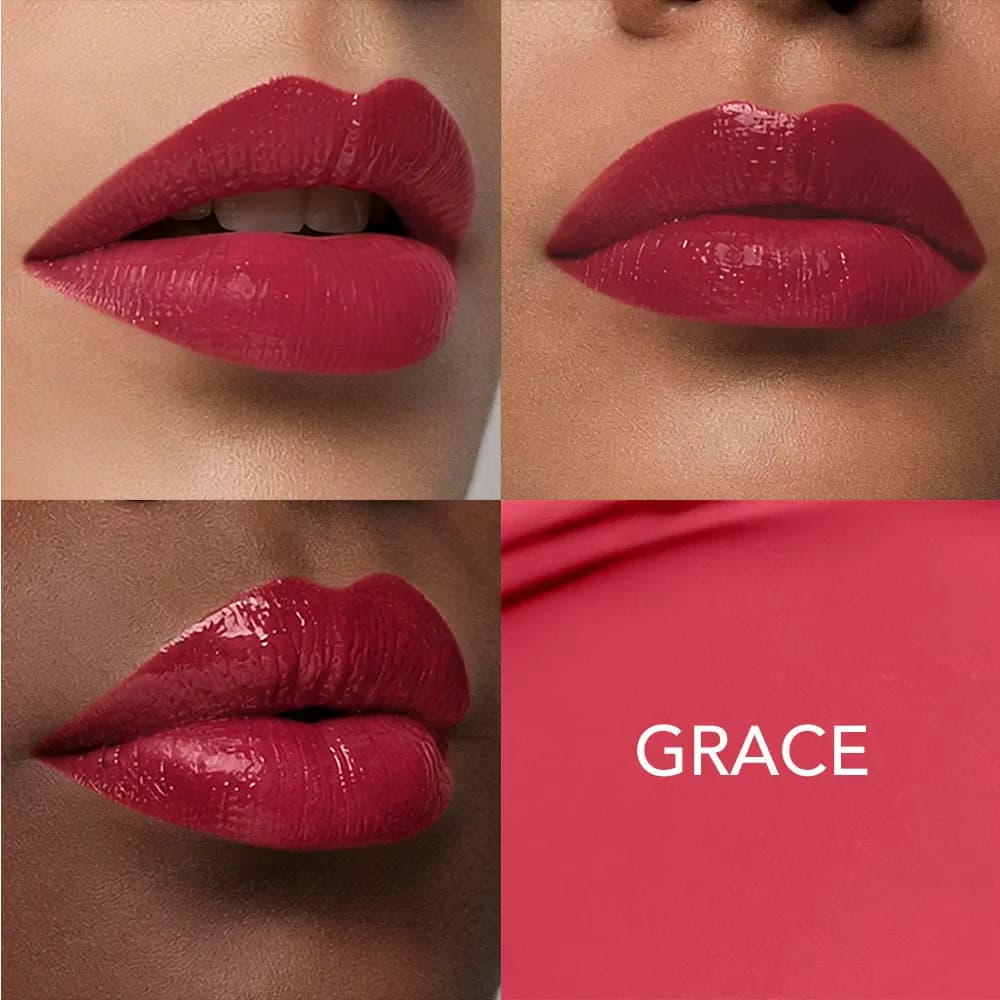 Grace, a rosy pinkish-red gloss, shown on three skin tones beside a flat colour swatch