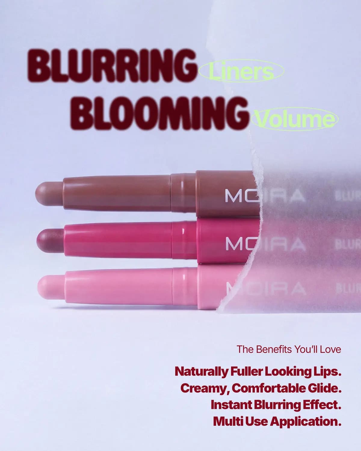 Brown, berry and light pink liners stacked sideways under torn paper, listing benefits like fuller-looking lips