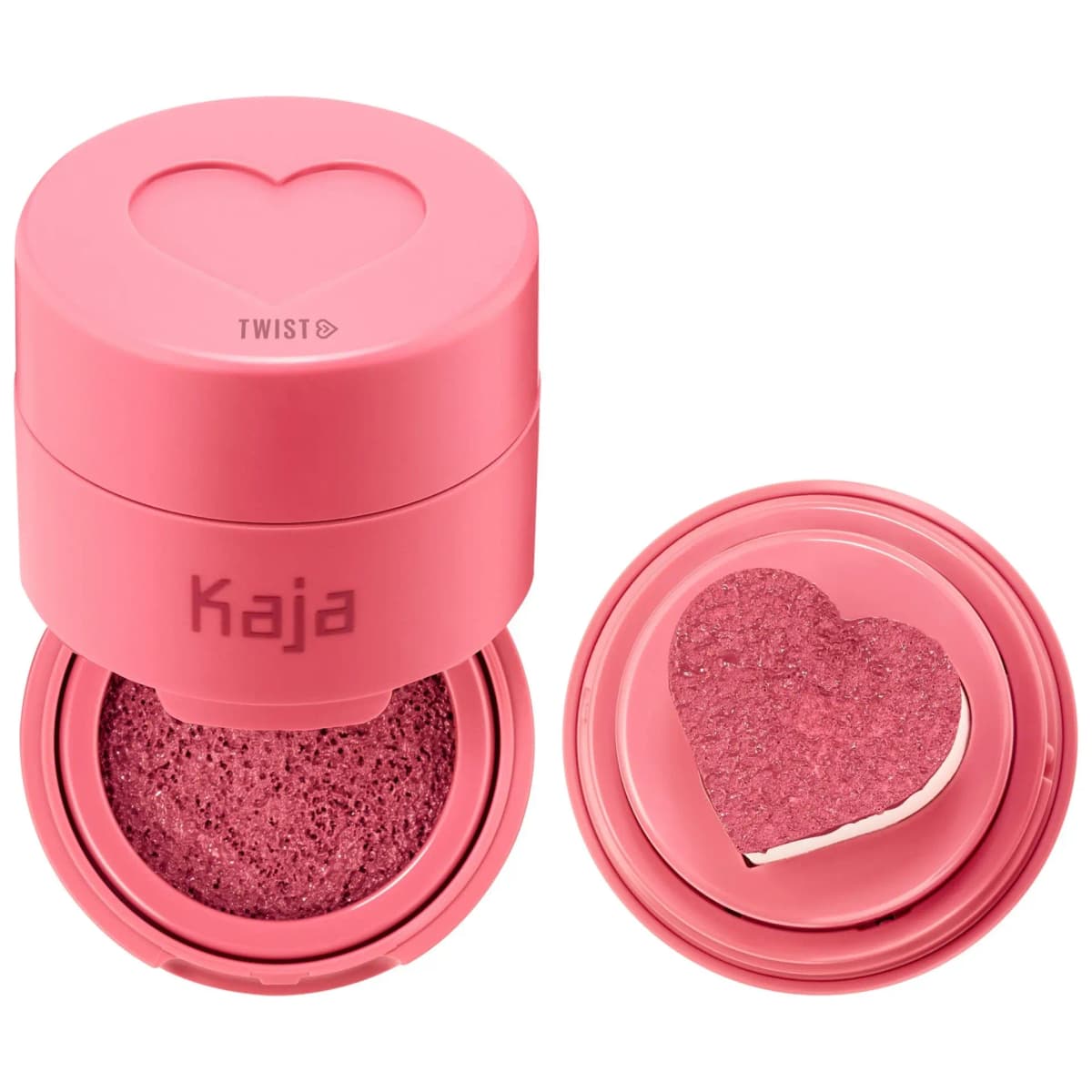 Kaja Cheeky Stamp cushion blush in a coral-pink twist case with a dusty mauve cushion and heart-shaped applicator.