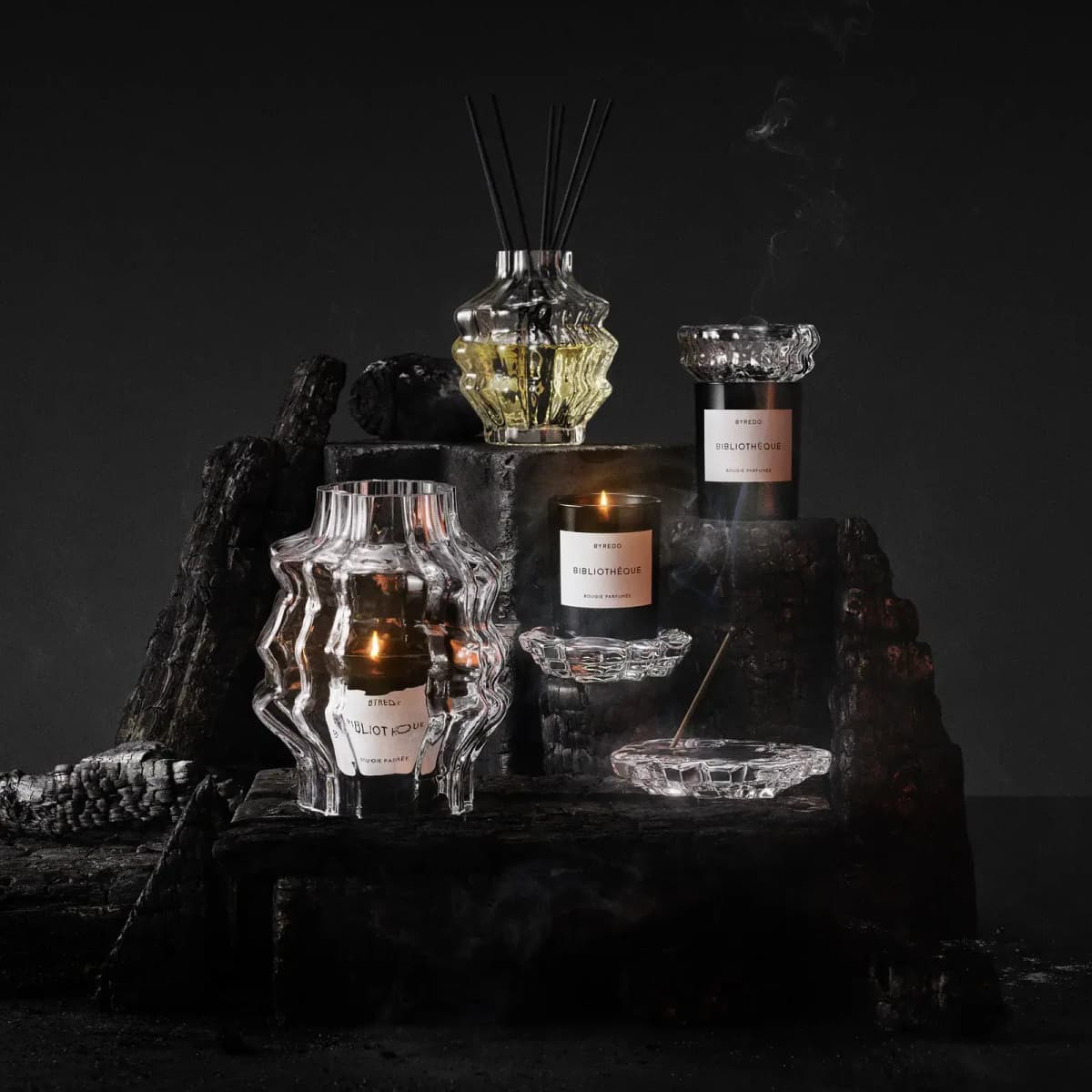 Byredo x Iittala LJUS Collection glass hurricane, diffuser, candle topper and holders