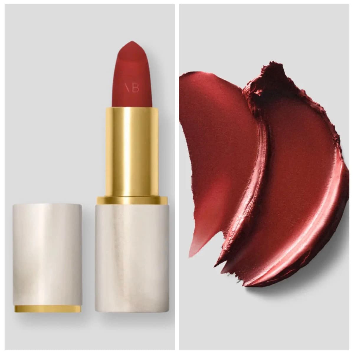 Warm brick-red VB lipstick in a marbled white and gold case alongside a satiny rust-red swatch