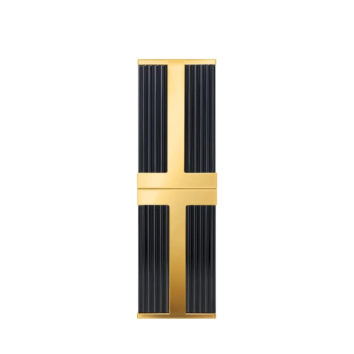 Capped lipstick case with glossy black ribbed panels and a polished gold T bar, shown upright on white