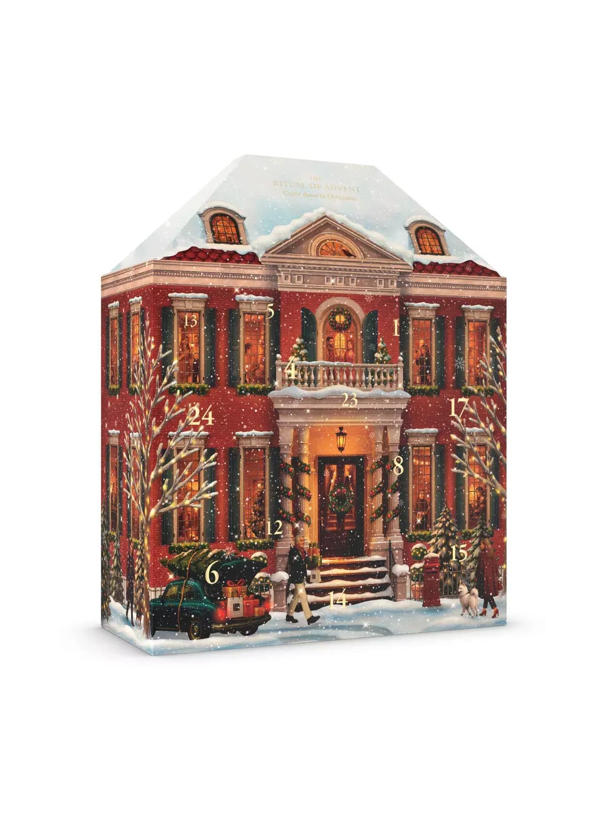 Snowy red-brick townhouse advent calendar box with gold door numbers, wreaths and a vintage car on a white background
