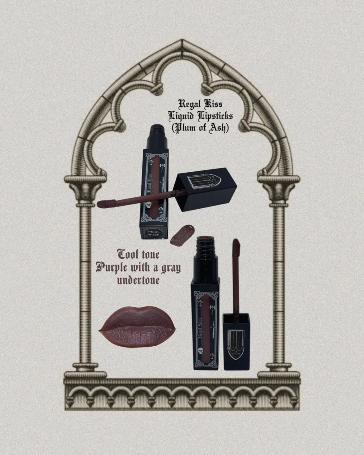 Plum of Ash tube, swatch and matte lips in cool purple with gray undertone, inside a sketched Gothic arch.