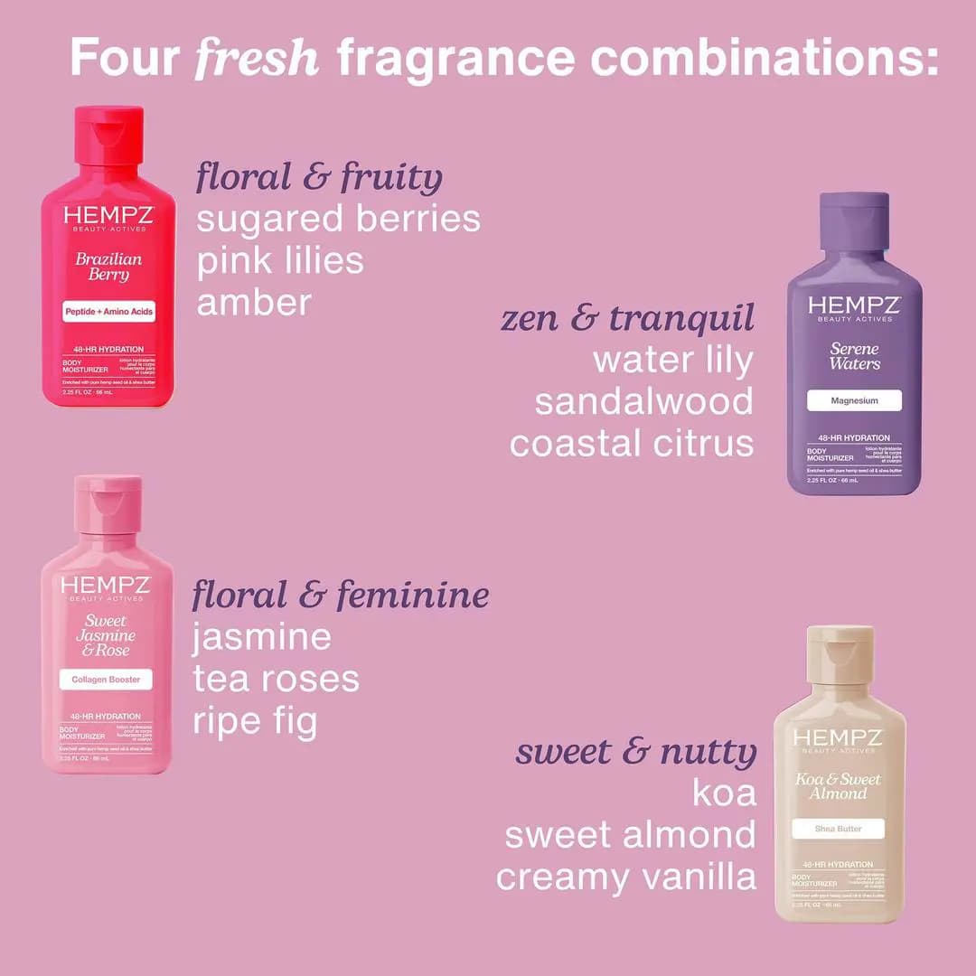 Four fresh fragrance combinations chart pairing Brazilian Berry, Serene Waters, Sweet Jasmine & Rose, and Koa & Sweet Almond